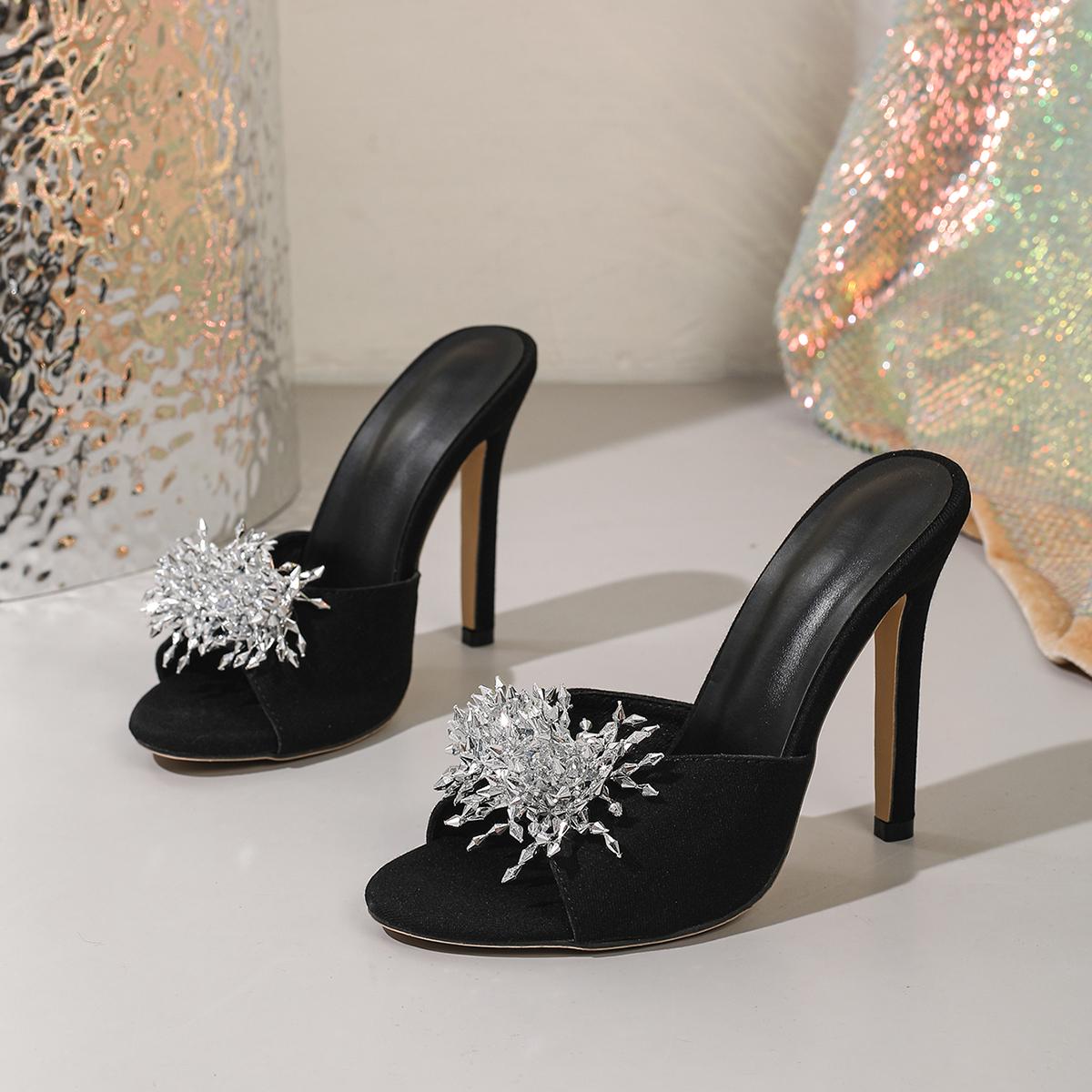 

Eilyken New Fashion Crystal Diamond Open Toe Slide Women Slippers Summer Thin High Heels Banquet Party Ladies Shoes 35 чёрный