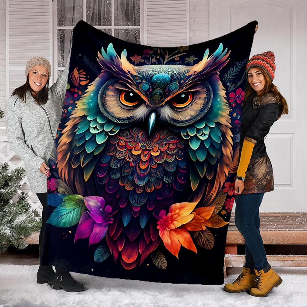 1pc Colorful Owl Print Outdoor Flannel Blanket, Cozy & Warm Soft Te Playful Design, Napping Camping,