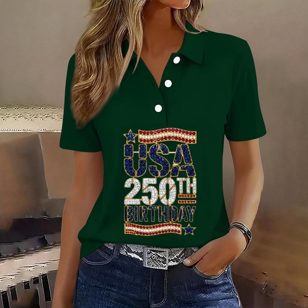 Women's Casual Short Sleeve Button Polo Shirt USA 250th Anniversary Print Relaxed Fit Lightweight Summer Top