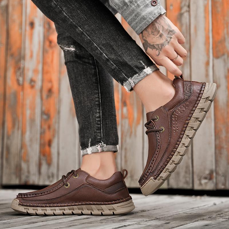 New Men Casual Shoes Handmade Leather Comfortable Men's Shoes Quality Split Leather Flat Moccasins Men Sneakers