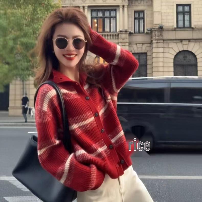 Red Striped Wool Cardigan - European Style, 2026 Year of the Horse Zodiac Knit Sweater Coat.