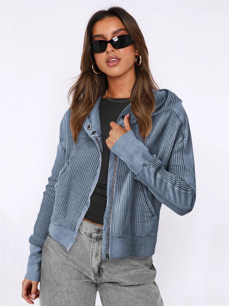 Women's Beige Knit Hooded Zip-Up Jacket with Pockets, Casual Loose Fit Pullover Coat