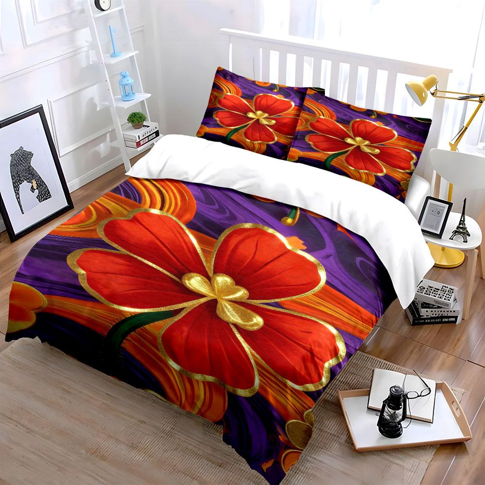 Red flowers with gold. Bedding sets Duvet cover sets Duvet covers Pillowcases(1 * Duvet Cover 2 * Pillowcases without duvet insert)