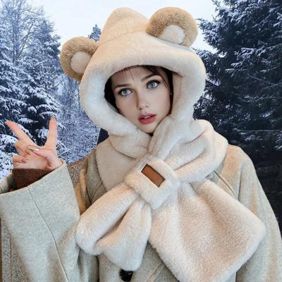 Thermal Elastic Scarf Hat Bear Ear Decor Autumn Winter 2 In 1 Scarf Hat Outdoor Activities Skiing Camping Warm Headwear