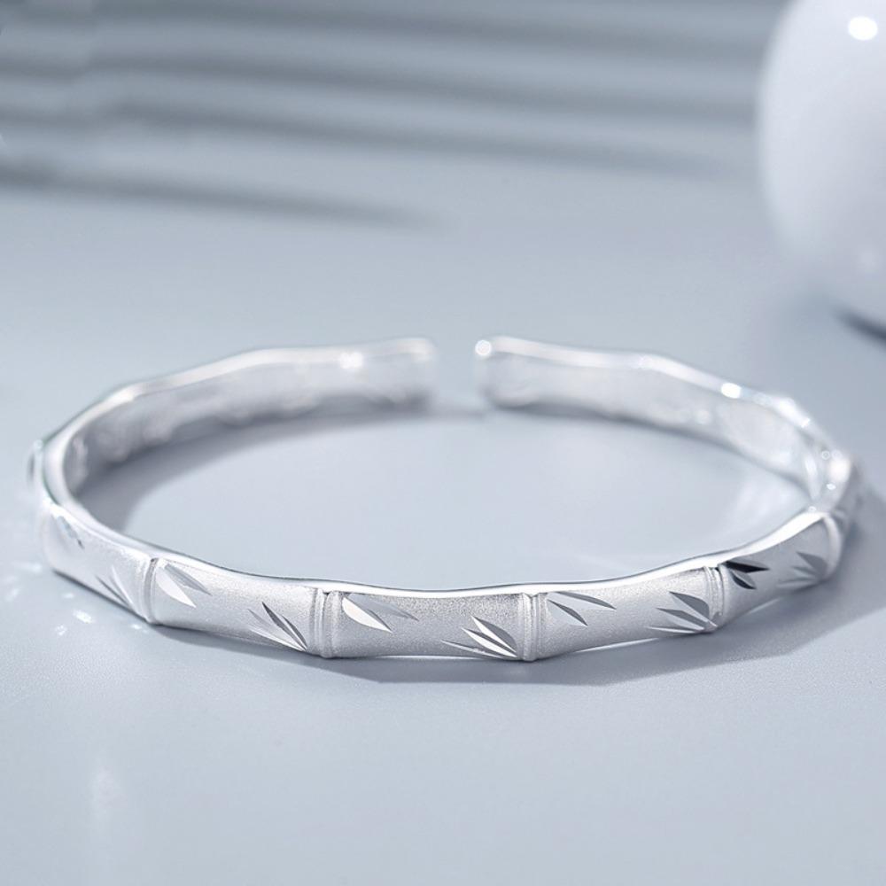 Vintage Style Open End Bamboo Bracelet Matte Silver Plated Bangle Handmade Traditional Jewelry