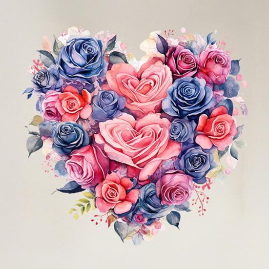 Watercolor Rose Heart Wall Stickers, Peel And Stick Pink Blue Floral Decals, Removable Waterproof PVC Flower Stickers for Bedroom Living Room