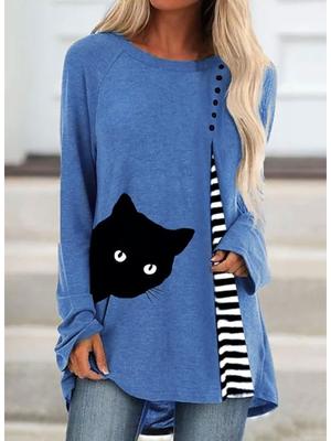 Übergröße Damen Frühling Schwarze Katze Gedrucktes Bequemes Langarm Rundhals T-Shirt Lässig Weit Mittelang Tops