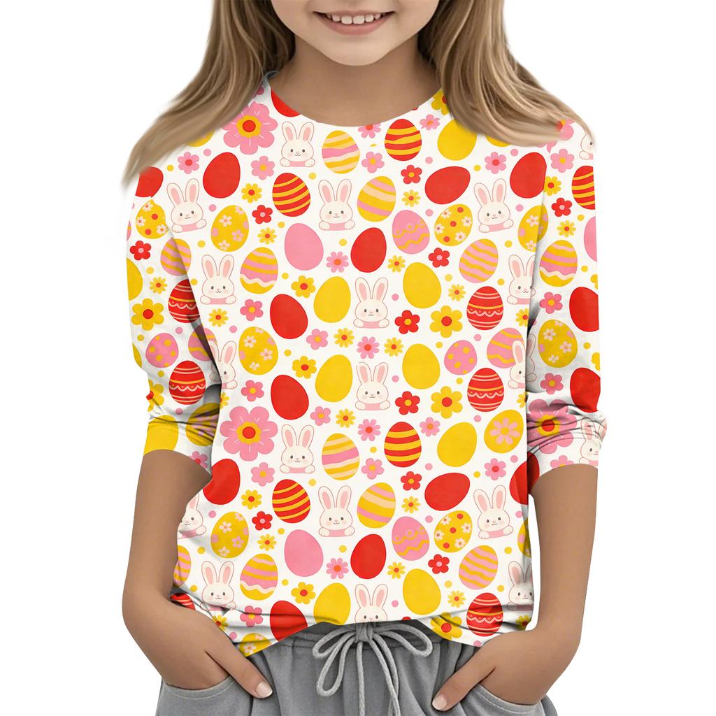 Children's Seven Quarter Sleeve Easter Print Round Neck Print Casual Top