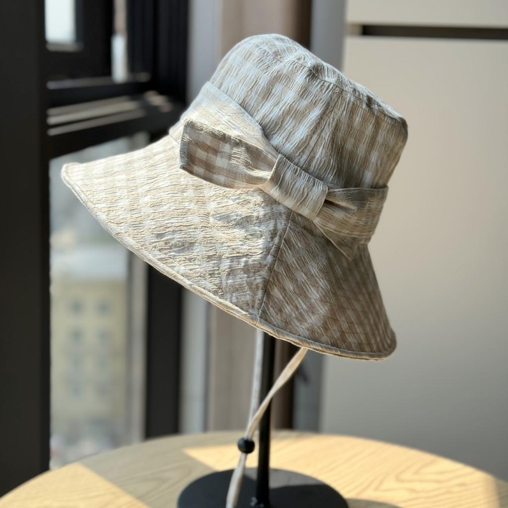 New Korean-style plaid fisherman hat for women, spring and summer, large brim, makes the face look smaller, floral pattern, sun protection hat