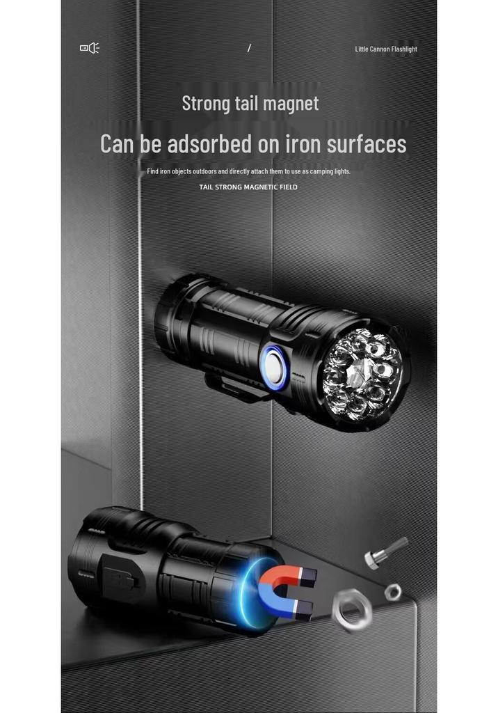 Rechargeable Ultra-Bright Eight-Eyed Monster Flashlight with Red Warning Light for Outdoor and Household Use