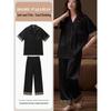 Women's Soft Ice Silk Pajama Set: Short Sleeve, Long Pants, Leopard Print, Cool, Lightweight, Luxurious Summer Loungewear.