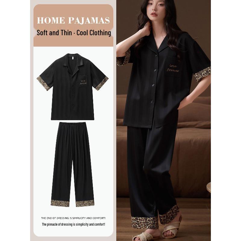 Women's Soft Ice Silk Pajama Set: Short Sleeve, Long Pants, Leopard Print, Cool, Lightweight, Luxurious Summer Loungewear.