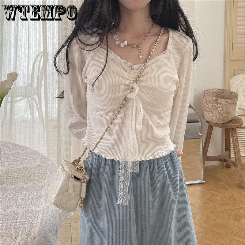 White Kawaii Lolita Female Blouse Lace Japanese Sweet Long Slevee Tops Women Knitted Casual Korean Casual Slim Tops