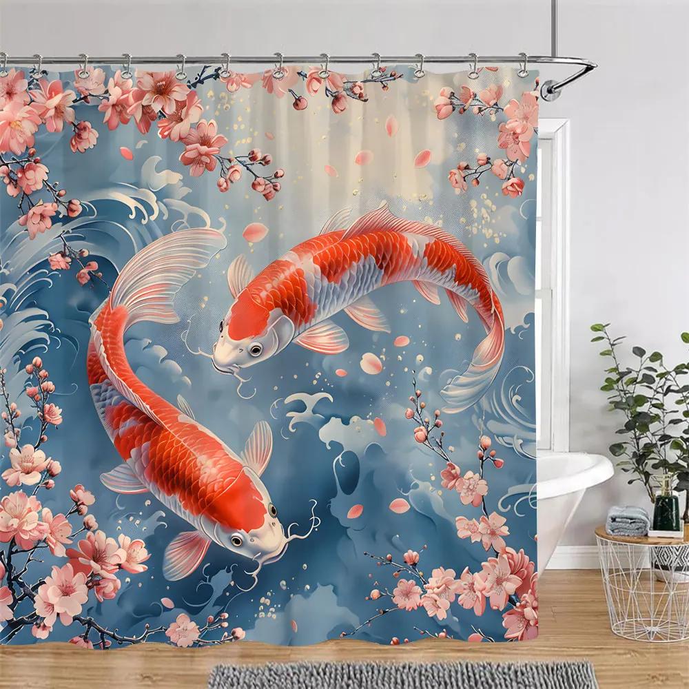 Japanese Style Shower Curtain Koi Fish Cherry Blossom Sun Sea Wave Octopus Landscape Polyester Fabric Curtains Bathroom Decor
