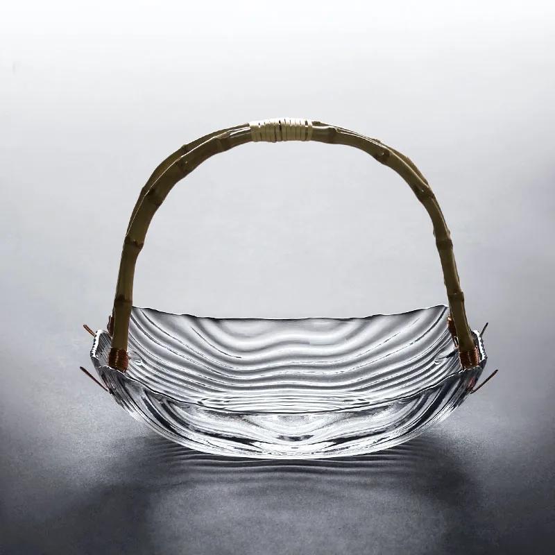 Glass Fruit Tray Household Snack Candy Dessert Plate Afternoon Tea Dim Sum Rattan Woven Portable Trays Housewear