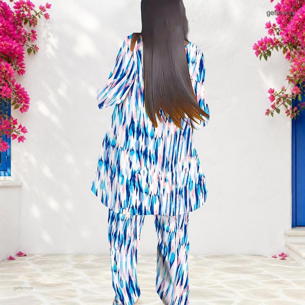 Women Plus Size Blue White Pink Printed Round Neck Long Sleeve Layered Two Piece Pants Set