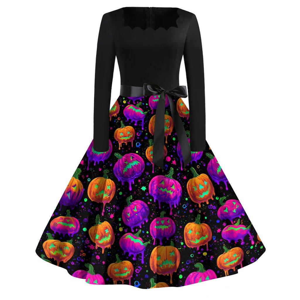 Women's Casual Vintage Halloween Print Square Neck Long Sleeve Dress Retro Fit Flared Skirt Midi Length with Waist Tie Belt