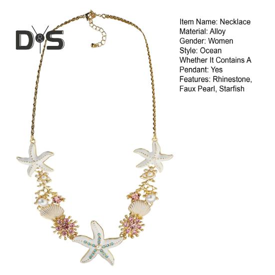 Exaggerated Women Necklace Ocean Theme Starfish Coral Shell Hollow Out Faux Pearl Rhinestone Decor Adjustable Length Lady Vacation Beach Neck Jewelry