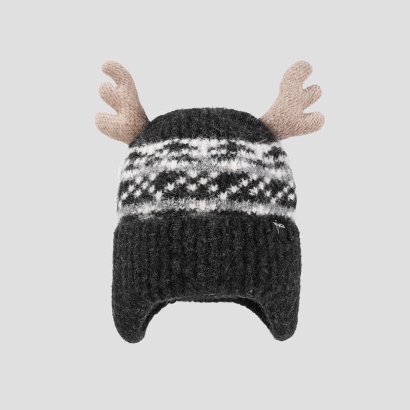 

Christmas Antler Knitted Hat Women s Autumn Winter Warm Wool Hat Velvet Ear Protection Cap темно-серого