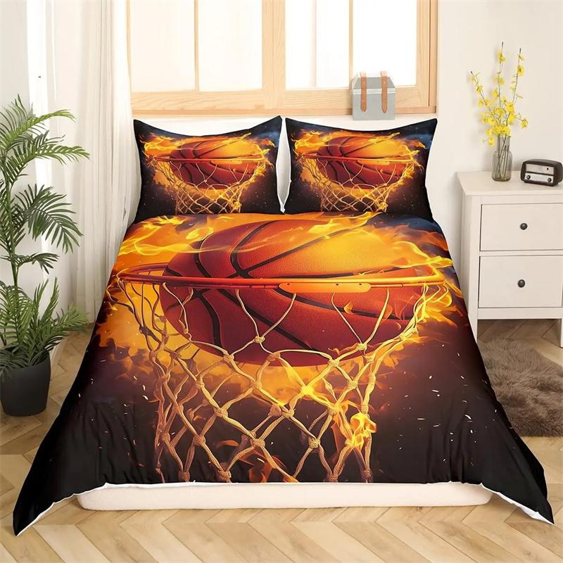 Basketball Duvet Cover Black Gold Bedding Set Black and Golden Basketball Court Design Comforter Cover Sports Games Quilt Cover