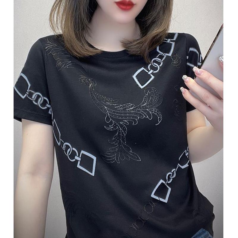 Summer Korean Fashion Round Neck Loose Casual Chain Printing Tee Women Short Sleeve All-match Pullover T-shirt Female Tee