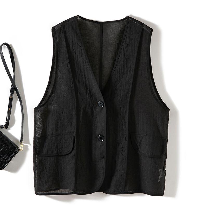 

Fashionable Girls Summer Small Top! Ramie Yarn V-neck Single-Breasted Design Sense I-Shaped Pure Black Vest Thin Coat Black L