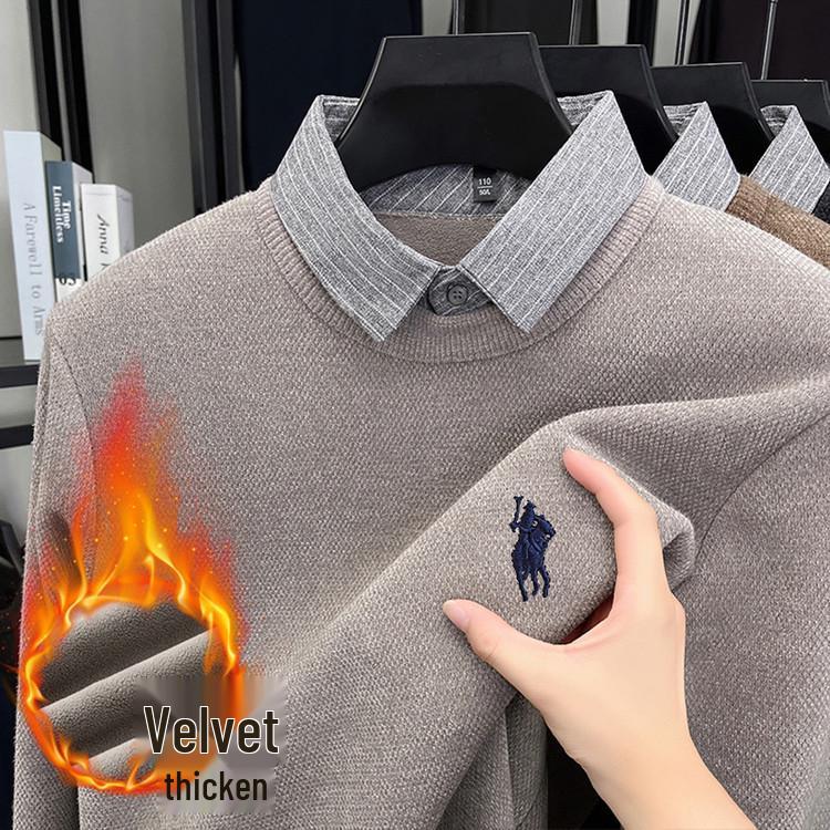 

Men s Winter Fleece Sweater with Shirt Collar and Embroidery M брудно-білий