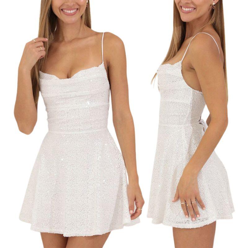 Cross-Border Sexy Spaghetti Strap Sequin Bow Glitter Dress for Women Pleated Dress with Sequins White S