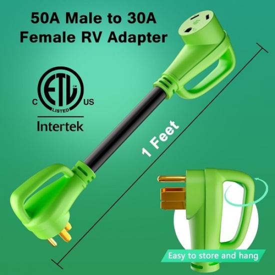 50 Amp To 30 Amp RV Adapter Cord, NEMA 14-50P Male To NEMA TT-30R Female 50M/30F