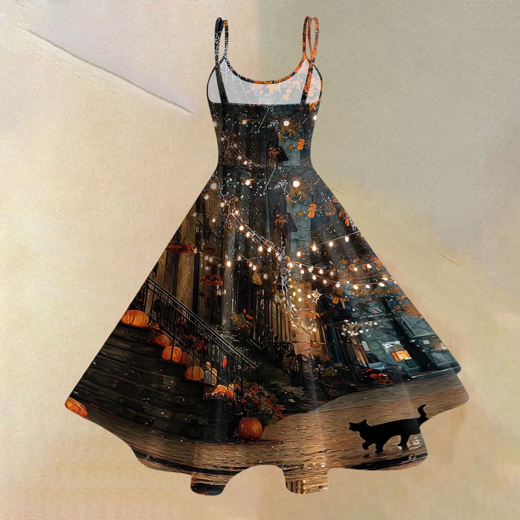 Women's Casual Halloween Print Round Neck Sleeveless Dress for Holiday Party