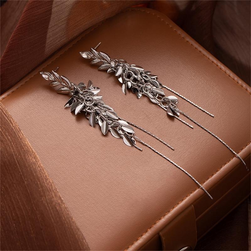 Elegant Crystals Encrusted Alloy Wheat Drop Earrings with Tassels Designs for Women