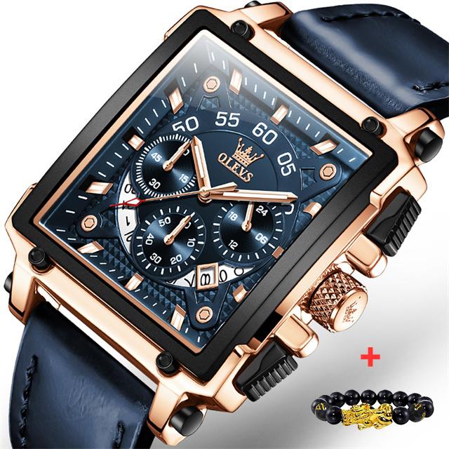 OLEVS 9919 Original Quartz Watch for Men Leather Strap Big Dial Square Waterproof Chronograph Sport Clock Male Relogio Masculino