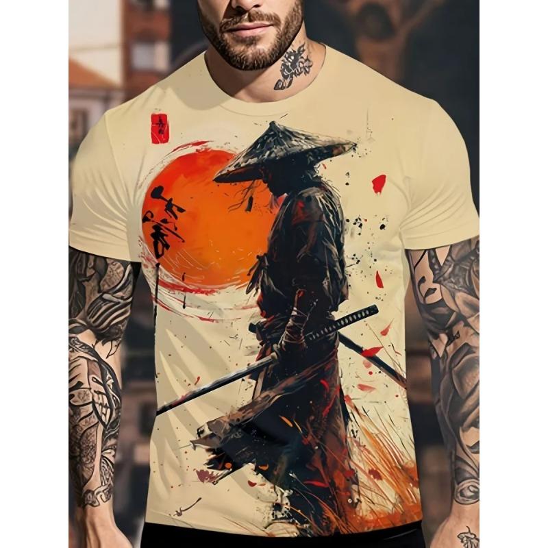 Vintage Men's Japanese Samurai Warrior Print T-shirt Summer Casual Short Sleeve Tops Trend Street Man Clothes