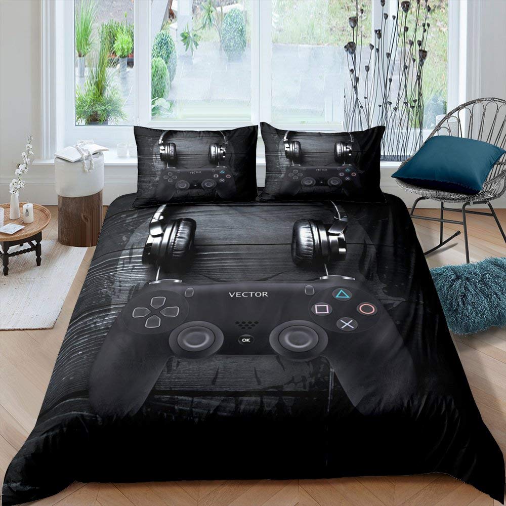 Gamer Duvet Cover Set Rotating Music Comforter Cover Gamepad Gaming Bedding Set For Boys Headphone Bedspreads Cover Queen Size