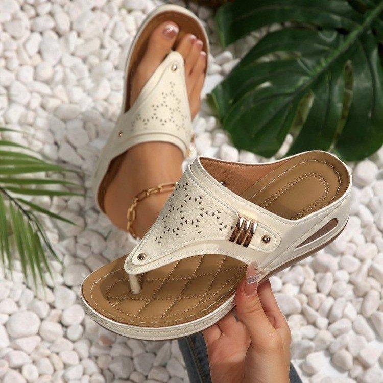 Super Hit Sandals for Women Women'S Wedge Toe-Thong Sandals Breathable Perforated Buckle Design Comfort Summer Footwear