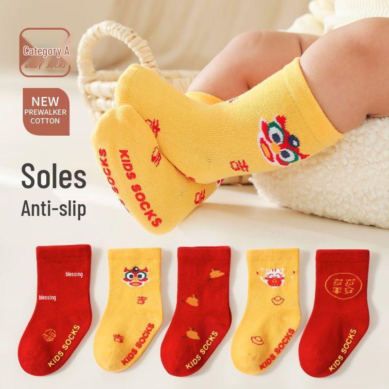 Non-slip Red Cotton Baby Socks for Spring & Autumn - Suitable for New Year, Boys & Girls, Ages 1-12 Months