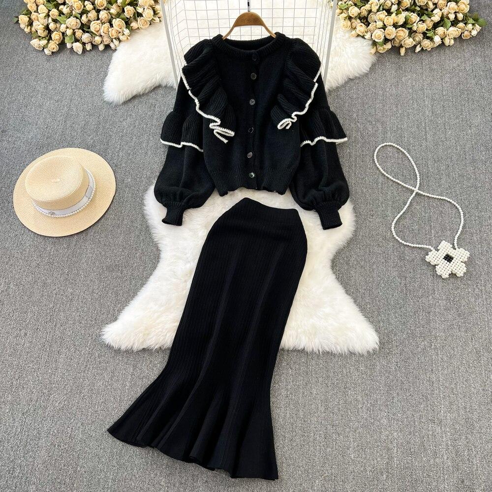 

Модный костюм, женский ретро-темперамент, свитер с рюшами и круглым вырезом, куртка-кардиган + юбка с высокой талией, рыбий хвост, две части One Size чёрный