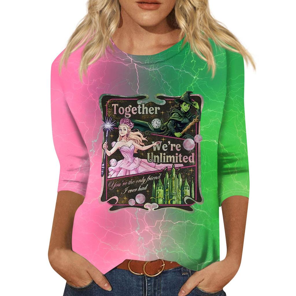 Damen Modisches Lässiges Dreiviertelarm Bedrucktes Rundhals-Top