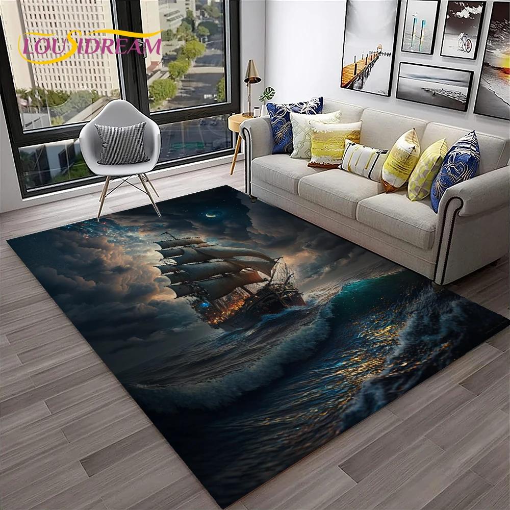 3D Piratenschiff Boot, Segelboot, Barke Teppich für Zuhause Wohnzimmer Schlafzimmer Sofa Fußmatte Dekor, Kinderbereich Teppich Rutschfeste Bodenmatte