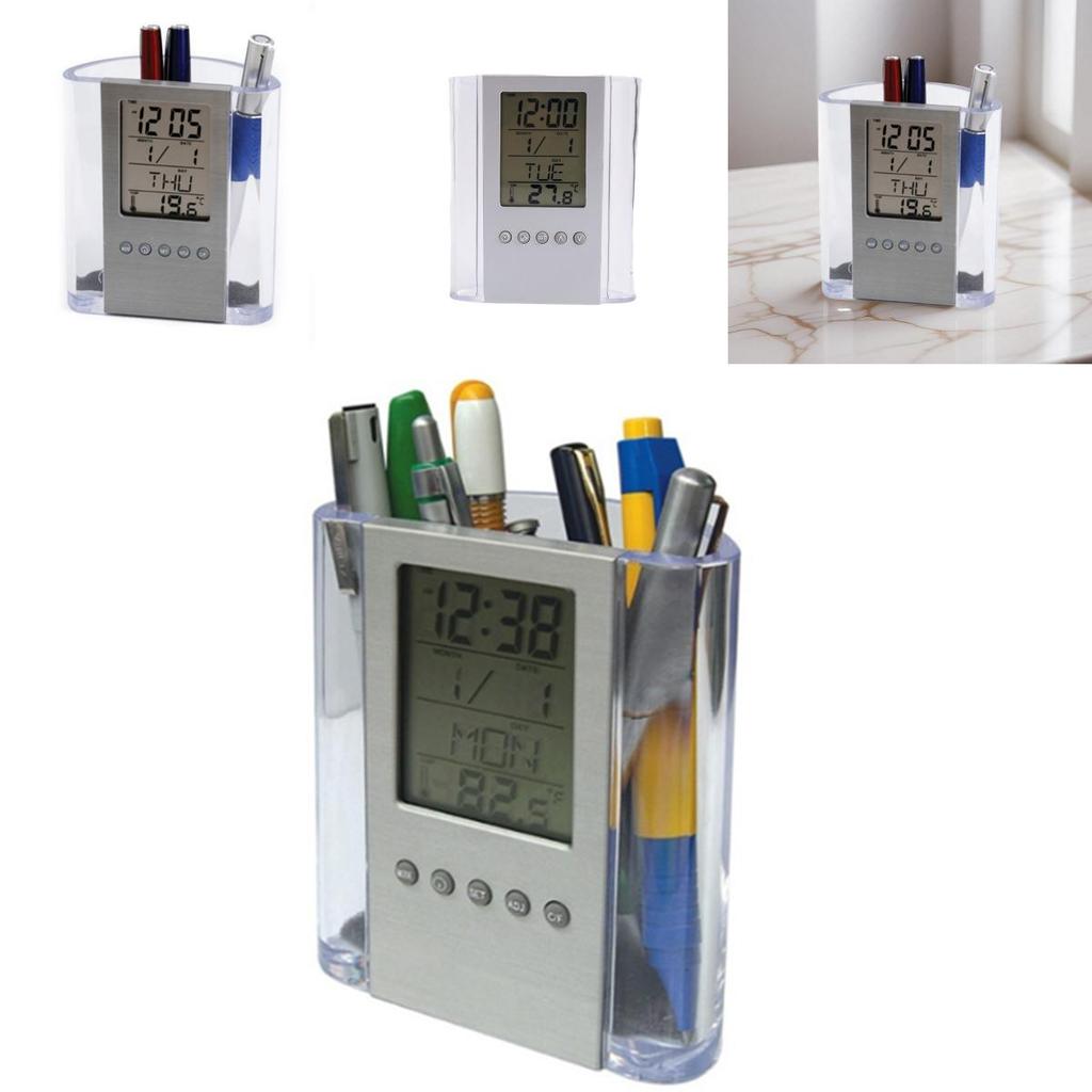 Acrylic Multifunction Pen Holder With Digital Calendar And Clock For Office Desk Organizer