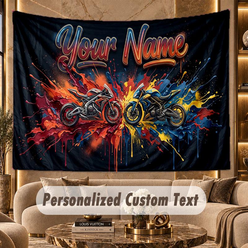 Motorcycle Biker (77) Theme Personalized Tapestry Custom Name Text Wall Hanging Tapestry Home Background Decoration