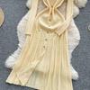 Autumn Winter Women Elegant Polo Collar Knitted Sweater Metal Button Long Maxi Split Pullover Dresses