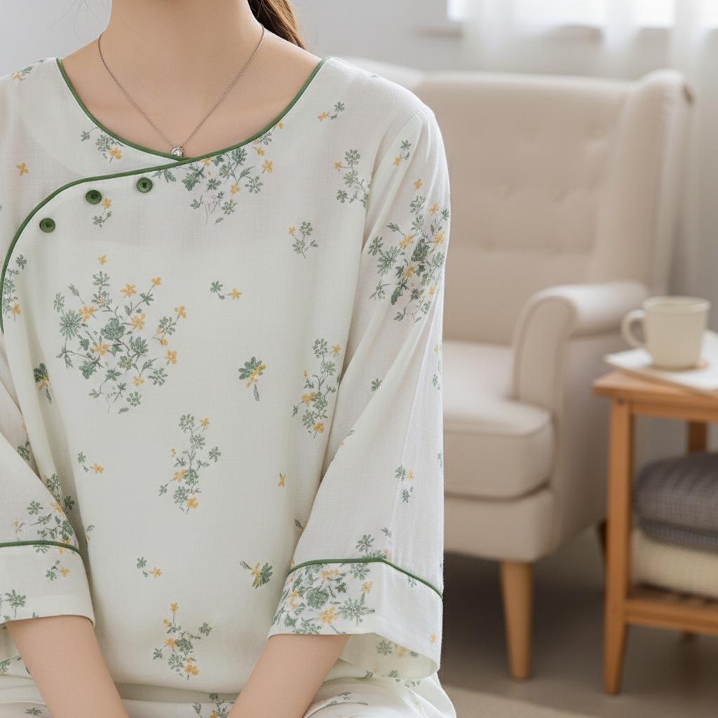 Baumwoll-Bambus-Pyjama mit neun Ärmeln für Damen - Kühl, lockere Passform für Frühling/Sommer, für drinnen und draußen