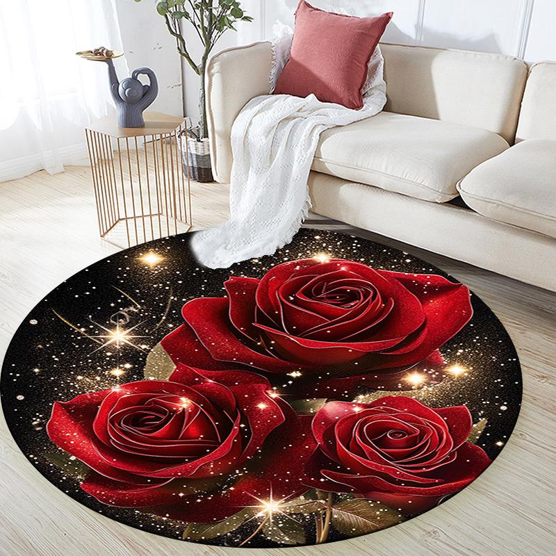 Red Roses Round Area Rug,Carpet Rug for Living Room Bedroom Sofa Playroom Decor,Non-slip Floor Mat