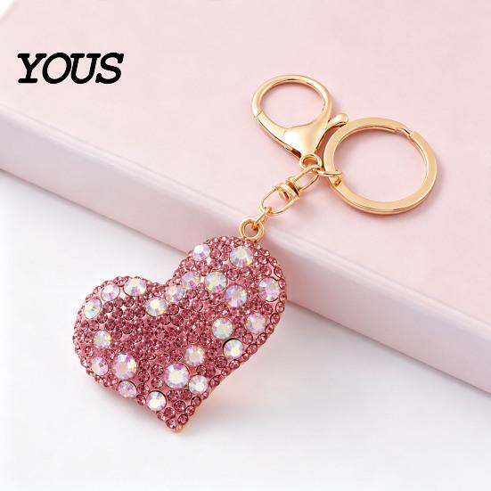 Zinc Alloy Key Ring Sparkling Rhinestone Love Heart Keychain , Car Purse Decoration Ring, Handbags Backpacks Charm Accessory, Gift for Women