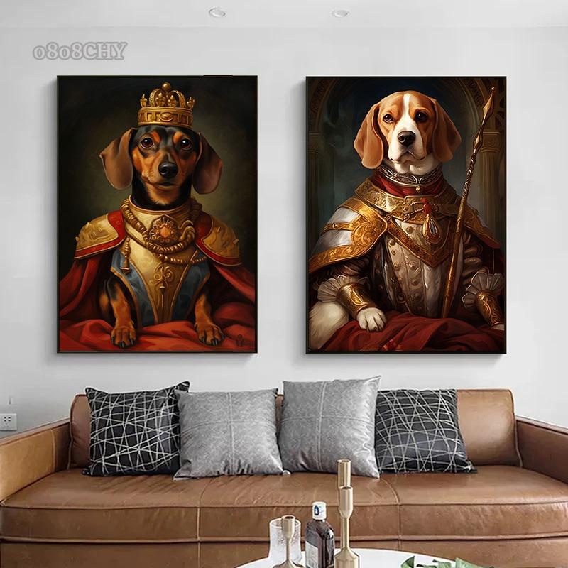 Animal Dog Portrait Art Canvas Painting Dog Dressed King Funny Posters and Prints Wall Art Pictures for Home Living Room Decor