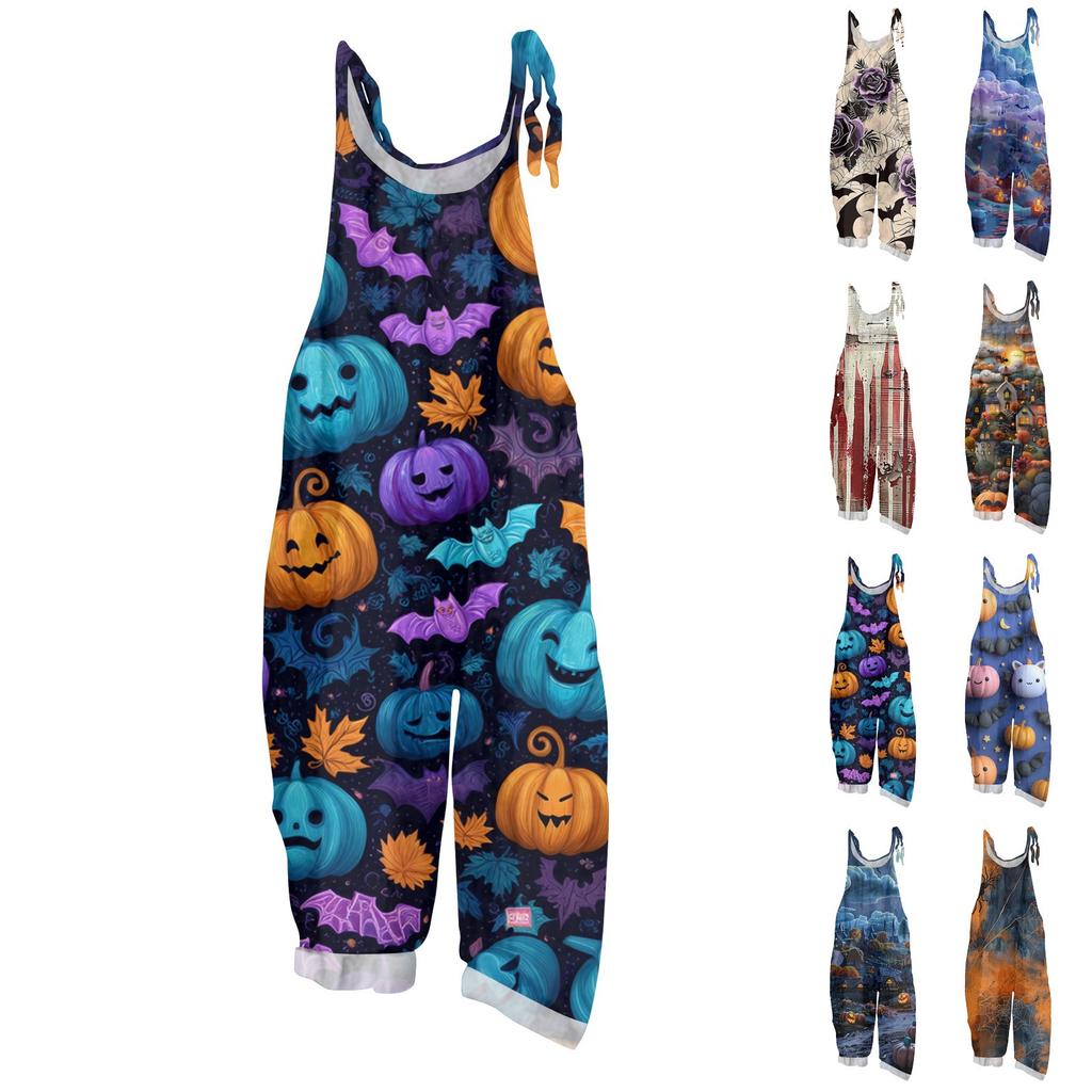 Women's Jumpsuit  Print Casual Loose Vintage Shoulder Strap Cotton Linen