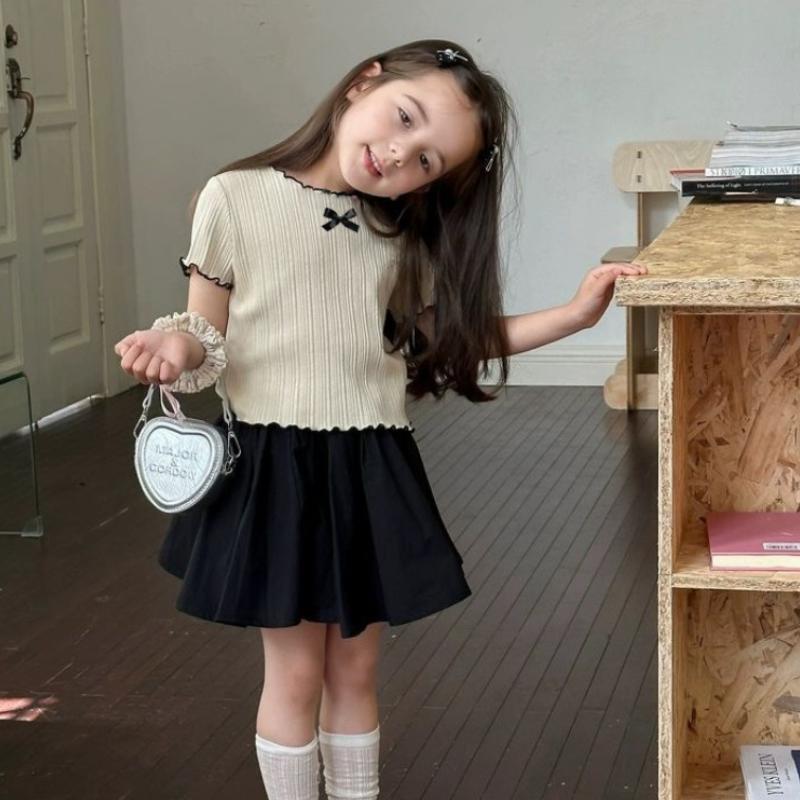 1-12Y Girl's Shirts Korean-style Knitted Lace-Trimmed Short-Sleeve Summer Ruched Tops Trendy Breathable Bow Tie Versatile Tee