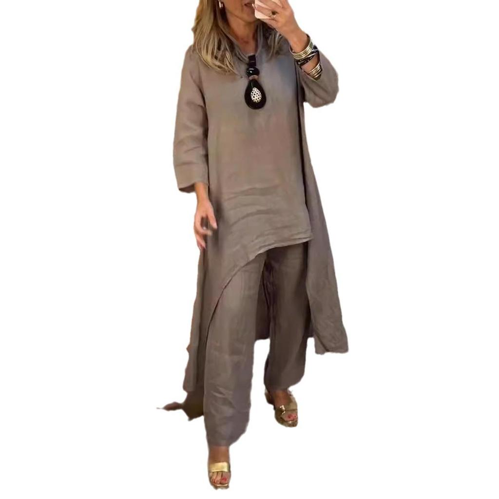 Damen Asymmetrischer Saum Lockeres Oberteil und Weitbeinige Hose Set in Mehreren Farben