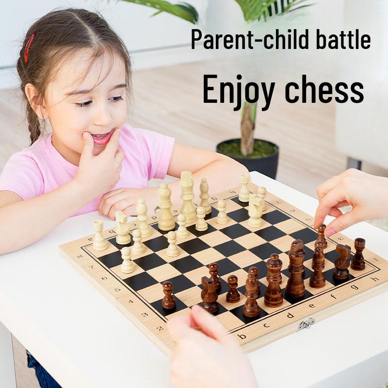Premium Solid Wood 3-in-1 Chess Set: Chess, Double Queen, and Checkers